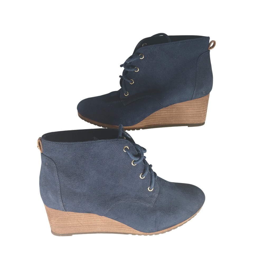 Dr Scholls Close Call Navy Blue Faux‎ Suede Lace Up Wedge Booties Mens 9M
